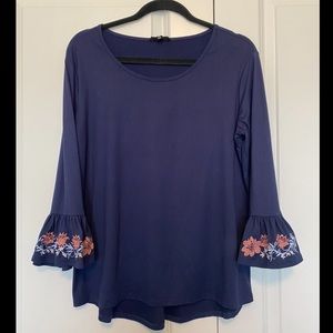 Navy Top w/ Bell Sleeve Arm Embroidery Size M